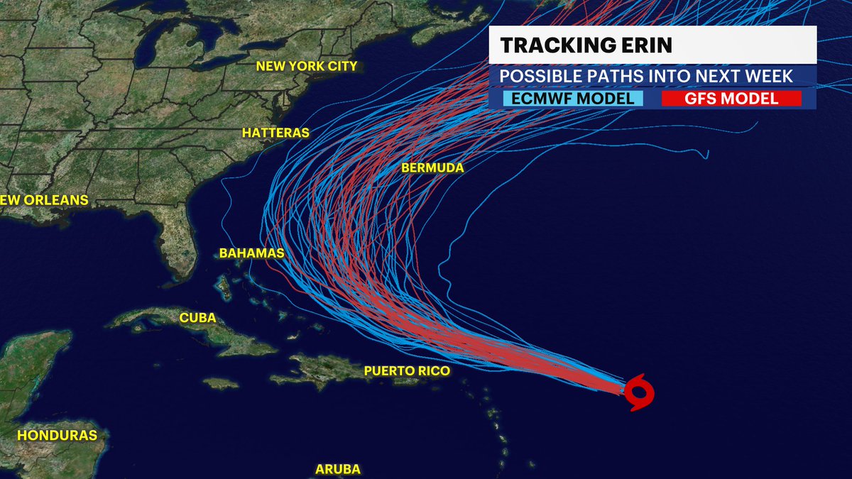 TROPICS UPDATE 🌀
Tropical Storm Erin is expected to intensify to a category 1 hurricane later today. It will be North of the Leeward Islands and Puerto Rico, but the outerbands will still bring heavy rain &amp; isolated flooding this weekend.