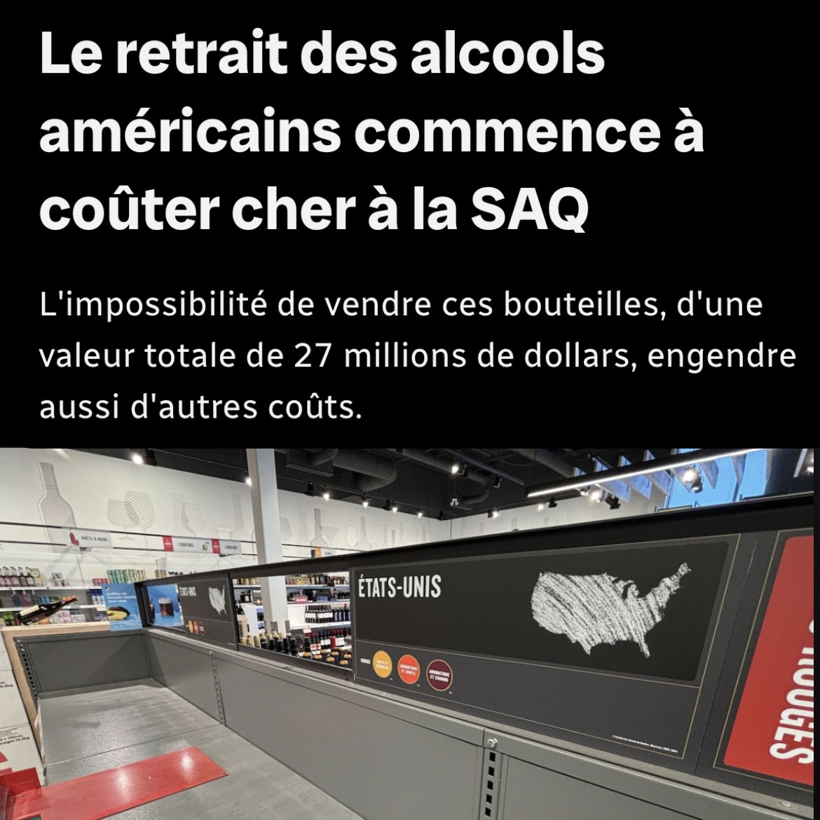 Le retrait des alcools américains commence à coûter cher à la SAQ. L'impossibilité de vendre ces bouteilles, d'une valeur totale de 27 millions de dollars, engendre aussi d'autres coûts. ici.radio-canada.ca/nouvelle/21854…