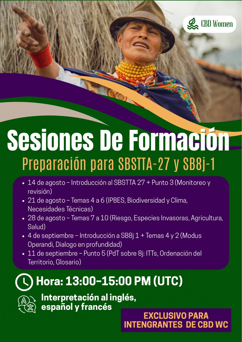 cbd_wc's tweet image. 📢 Save the Dates!
Ahead of #SBSTTA27 & #SB8j1,the #CBDWomensCaucus is hosting a 5-part training series for members.
📆 14 Aug • 21 Aug • 28 Aug • 4 Sept • 11 Sept
🌍 Interpretation:EN | ES | FR
A safe space to prepare, connect & strengthen advocacy before negotiations.