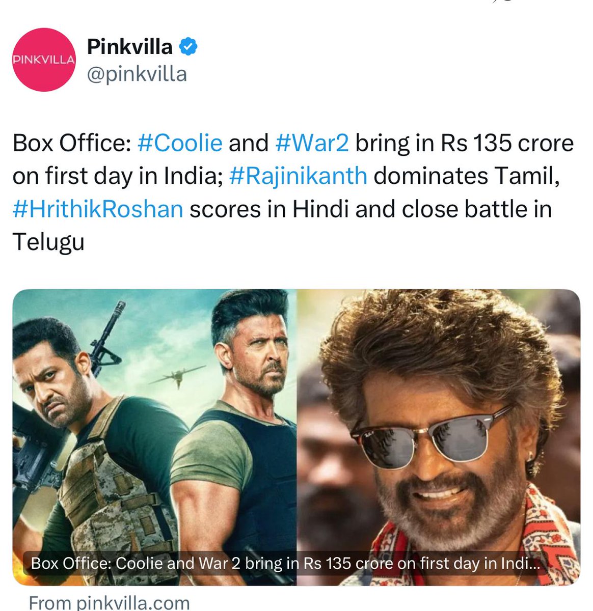 🔥 Box Office Explosion! 🔥
#Coolie &amp; #War2 storm the screens with a massive ₹135 Cr opening in India 💥
💪 #HrithikRoshan rules Hindi, 🌟 #Rajinikanth dominates Tamil, and Telugu sees a thrilling battle! 🎬✨

#BoxOffice #Bollywood #Kollywood #Tollywood #HrithikFans #RajiniFans