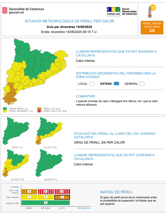 meteocat's tweet photo. ⚠️ El Servei Meteorològic de Catalunya actualitza l'avís de situació meteorològica de perill (#avisosSMP) per calor ⚠️

 🗓️ Des d'ara fins dg a les 20h
🔥 Llindar que es pot superar: calor molt intensa 
🌡️ Valor màxim: 44 ºC
🔴 Grau de perill màxim: 6/6 https://t.co/bP9FUURCk8