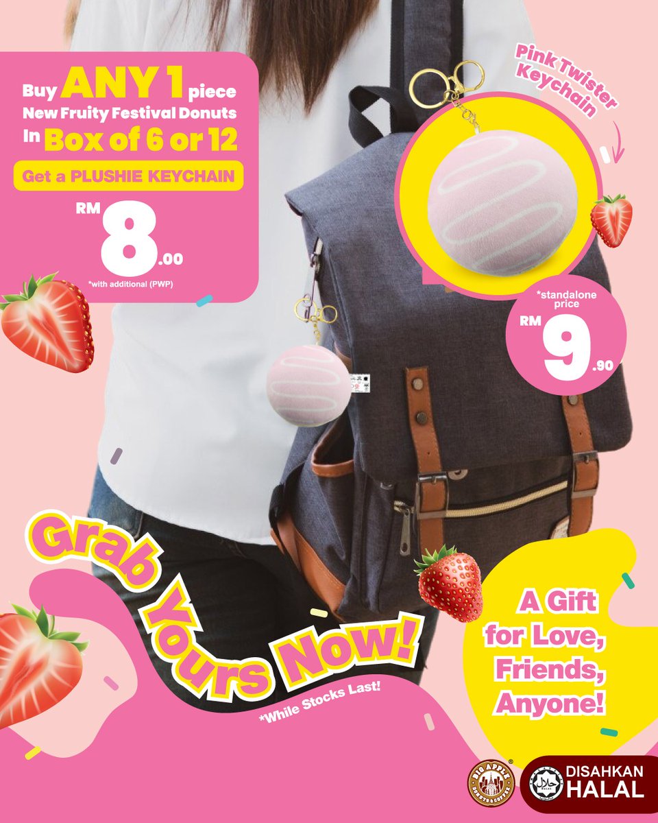 ✨🍓 Clip It, Love It, Show It! 🍓✨ Get your Pink Twister Plushie Keychain for only RM8 with any Fruity Festival Donuts box purchase! Perfect for your bag, your keys… or just to cuddle! 💖

#bigappledonuts #bigappledonutscoffee #bigappledonut #merchandise