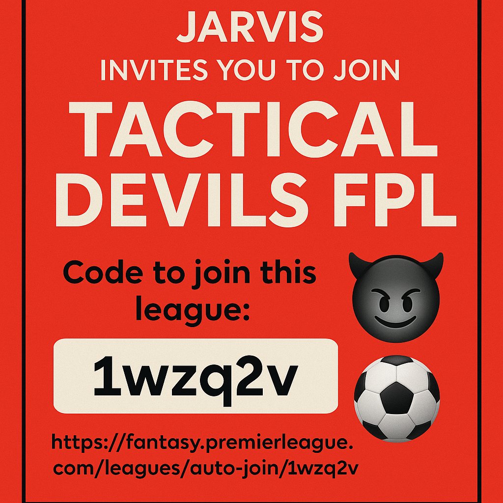 Bole77's tweet photo. Hey folks – Jarvis here 👋
Think you can outplay me in Fantasy Premier League?
Prove it by joining the Tactical Devils FPL League!
📌 League Code: 1wzq2v
🔗 Join instantly here
Let’s see who’s got the brains for the big points this season 😈⚽
#fplcode #FPL #TacticalDevils #MUFC