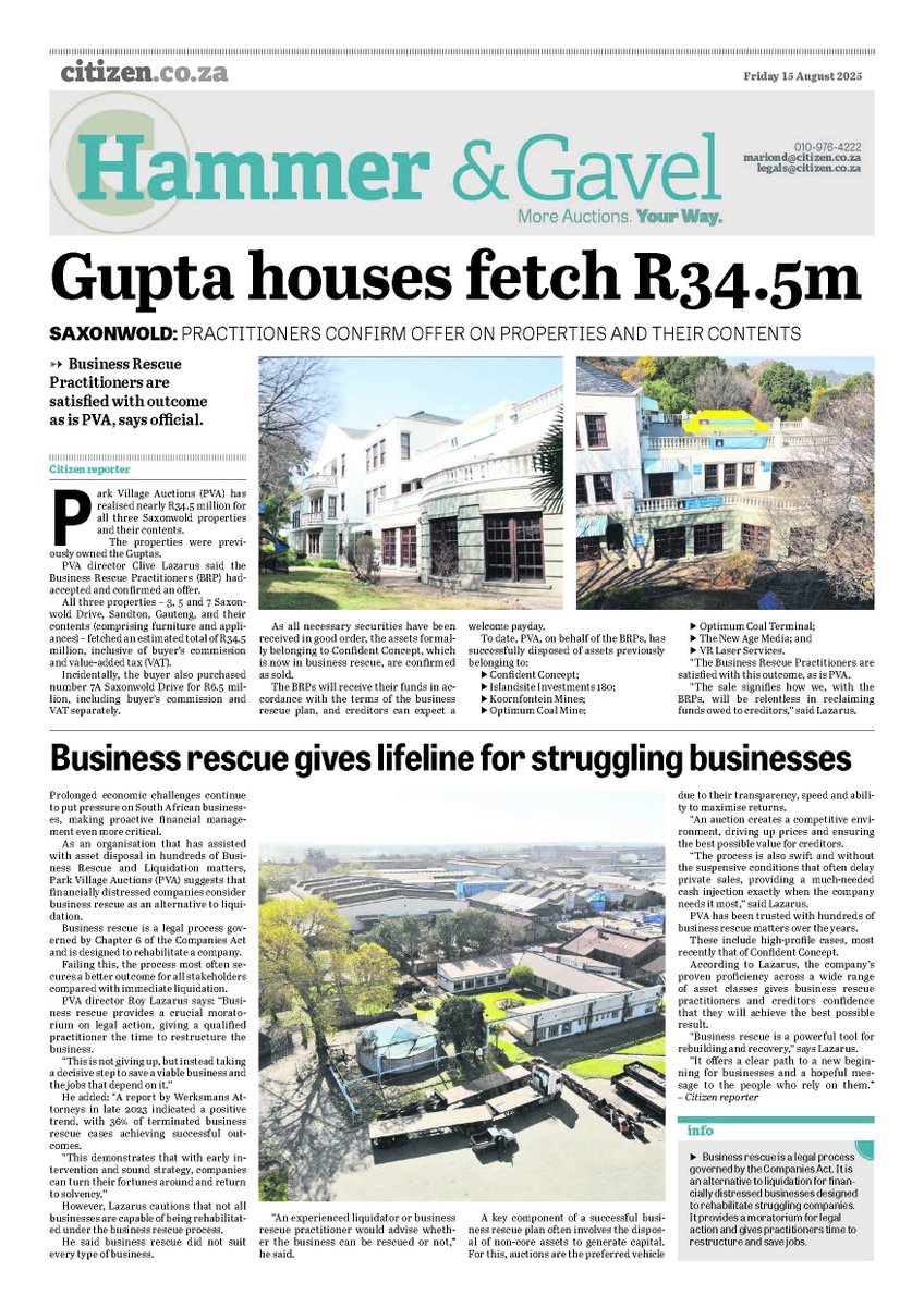 PVAuctions's tweet image. 💼 Gupta’s Saxonwold Mansions Sold for R34.5 Million 🏠💰

We’re proud to announce that we’ve sold three Gupta-owned Saxonwold properties — along with their furniture and appliances — for nearly R34.5 million. 

#Saxonwold #Gupta #PropertySale #BusinessRescue #TheCitizen