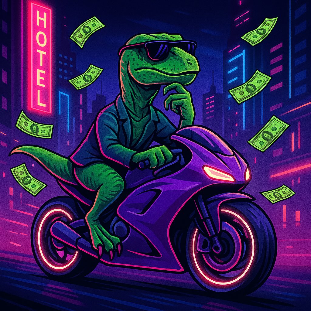 RaptorCto's tweet photo. Philosoraptor ripping through the neon streets  wisdom in his head, money in the air, future in his grip 🦖 https://t.co/5nsHHMluqT