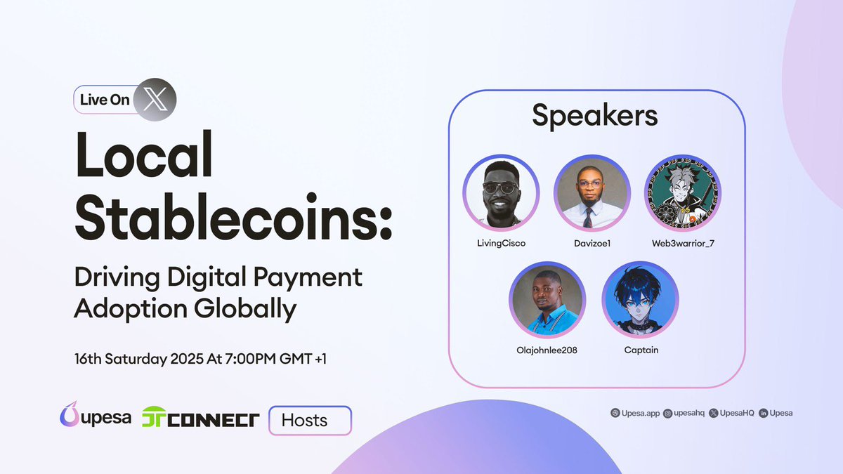 UpesaHQ's tweet photo. Digital payment, Global impacts🌍

Let’s talk about stablecoins 

“Join Upesa LIVE this Saturday (16th Aug, 7pm GMT+1) as industry experts unpack how Upesa is driving global adoption of digital payments using stablecoins. @web3warrior @CaptainNFA 

#upesalive #stablecoins https://t.co/hsT0HB9fLW