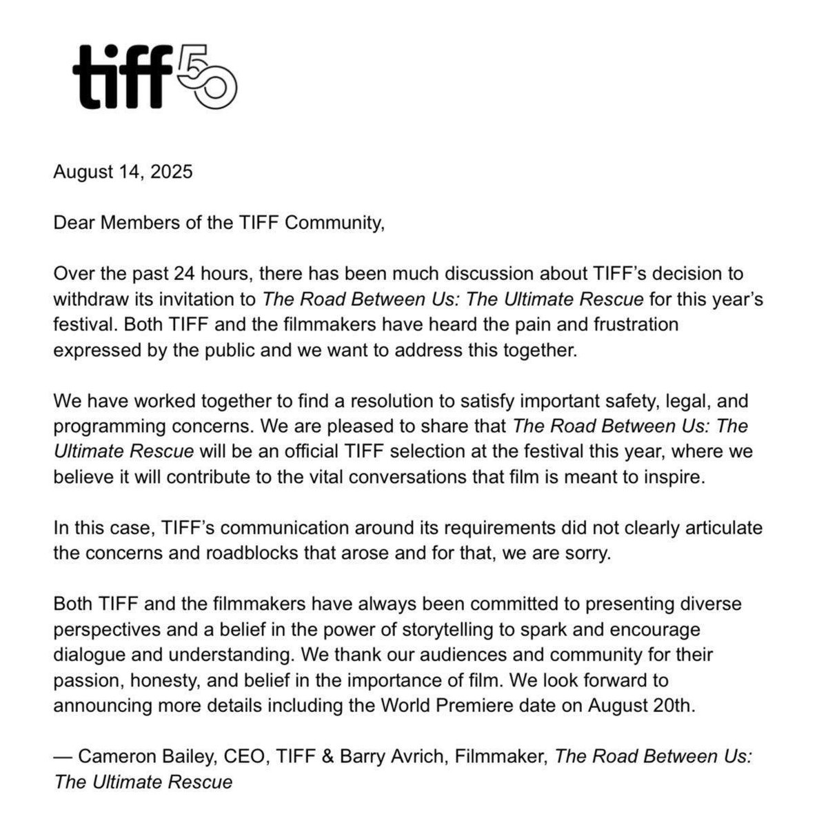 Justice has prevailed.
I welcome the Toronto Film Festival’s reversal and its decision to allow the screening of the film "The Road Between Us: The Ultimate Rescue" about the Oct. 7th massacre. 
This correction comes after the festival’s miserable initial decision to prevent the