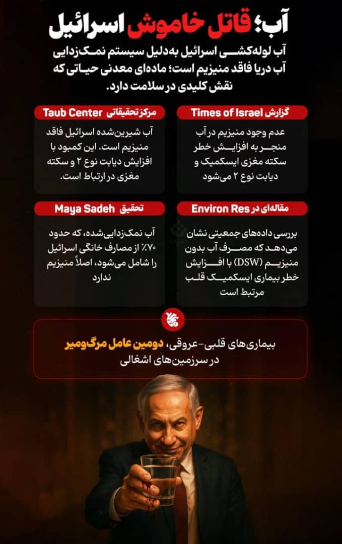 نتان یابو با تبلیغات وعده داد اسرائیل می‌تواند ایران را کشوری پُرآب سازد رسانه‌های اسرائیلی و پژوهش‌های بین‌المللی نشان می‌دهد رژیم صهیونیستی برای جبران کمبود آب آشامیدنی خود به سیستم‌نمک‌زدایی متکی است، آبی که به‌دلیل حذف منیزیم، عامل بروز بیماری‌ودومین علت مرگ در اسرائیل است
