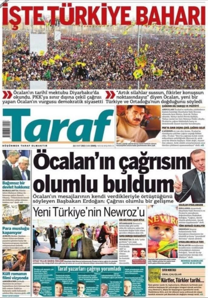 Bugün sanmayın! Yıl 2013
Aralarında benim de olduğum yüzlerce asker kumpasla içerideydik!
"Barış, analar ağlamasın" gibi kimsenin karşı çıkamayacağı söylemler havada uçuşuyor, bu gelişmeler "tarihi" diye sunuluyordu
İşte FETÖ'nün liberal yüzü, tetikçi Taraf'ın manşeti!
Sonra mı?+