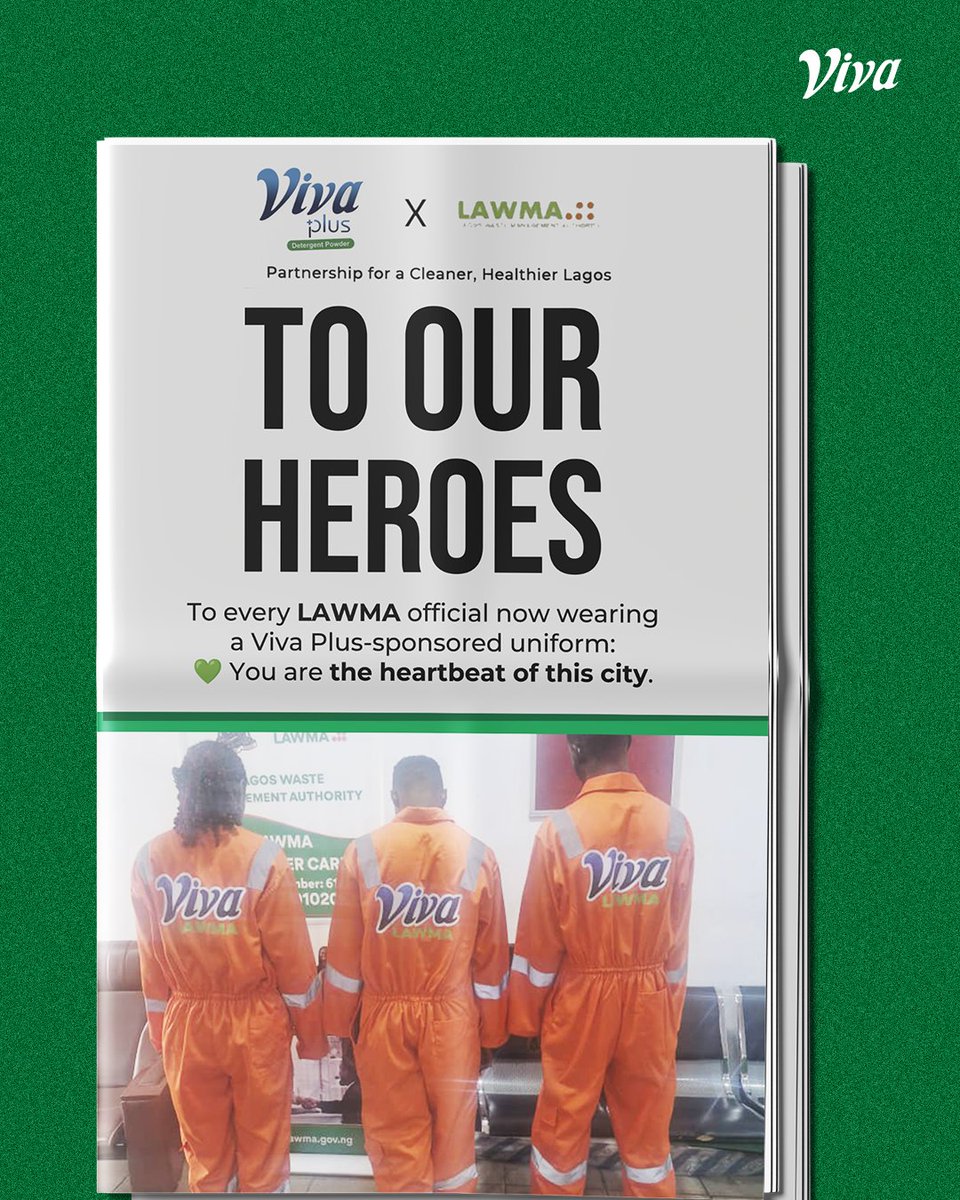 VivaDetergent's tweet photo. Together, weβre not just keeping Lagos clean, weβre raising the standard of hygiene and honouring the everyday heroes who make it happen. π
#AspiraNigeria
#VivaXLAWMA
#SymbolOfQuality
#SpotlesslyCleanWithViva https://t.co/SUBBZ5E6k7