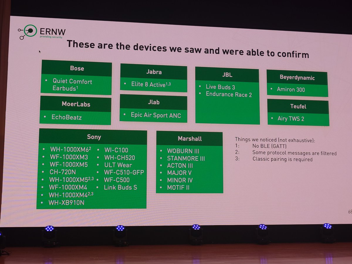 Just saw a sick live demo of wireless headphone hijacking that allows the attacker to perform the following without ever pairing the device. All the attacker has to do is be in range.
- read/write arbitrary bytes to device
- read headphones information
- dump firmware info 
-