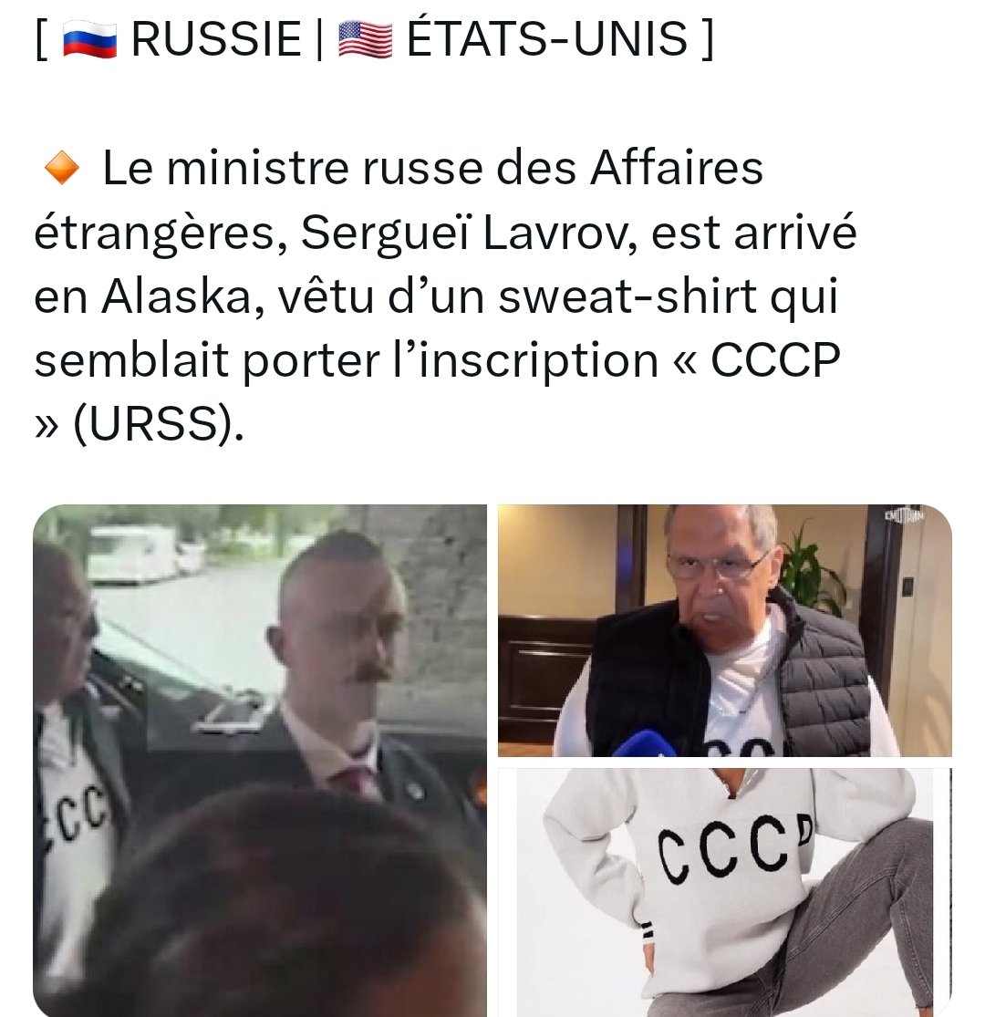 MagLiber3's tweet image. VIRAL 💥💥
DECODAGE #romanov 🙏✝️
#Alaska #Lavrov 

Le tee-shirt de Sergueï Lavrov arrivé en Alaska semble porter l’inscription « CCCP » ...
Ah les langues jasent 🤣

Personne ne cherche plus loin et ne relie les points ! En ce jour de Marie ✝️🙏 ! 

CCCP fait 25 soit 7 en