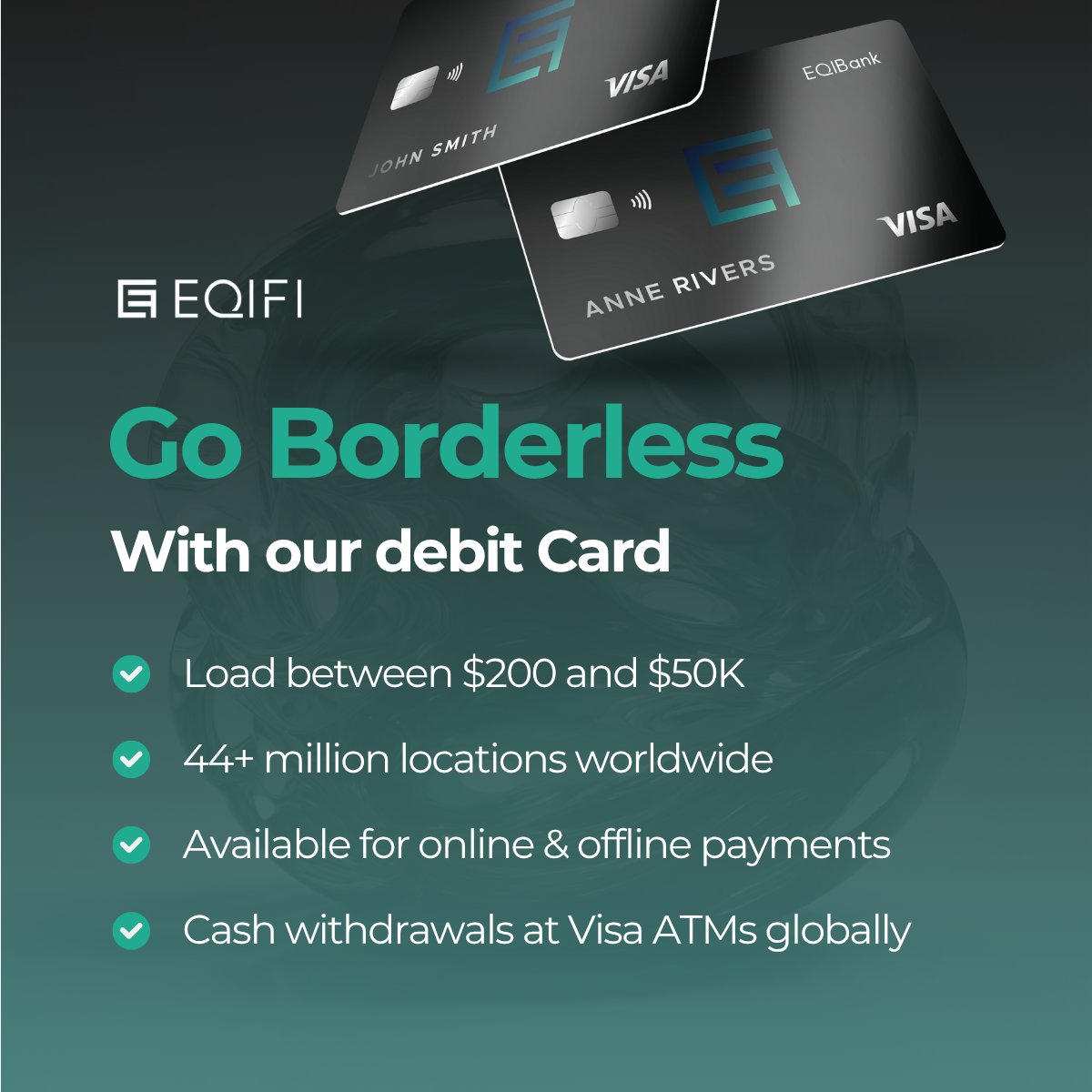 Spend your crypto anywhere with the EQIFi Visa Card. It converts digital assets into real-world purchasing power at millions of locations worldwide.