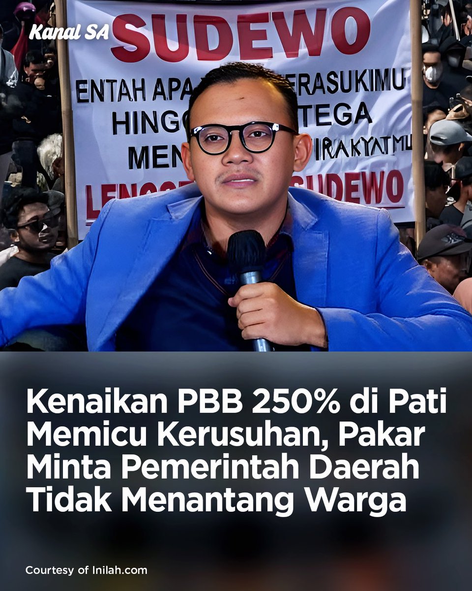 kanalsa_id's tweet photo. Kenaikan PBB hingga 250% di Pati memicu kemarahan warga dan aksi protes besar. Ekonom Achmad Nur Hidayat menilai, ini bukan semata persoalan angka, tetapi bagaimana kebijakan dirumuskan dan disosialisasikan.

📰https://t.co/SFHUmZqznP 

#KanalSA #PBB250Persen https://t.co/nQRjiIPj97