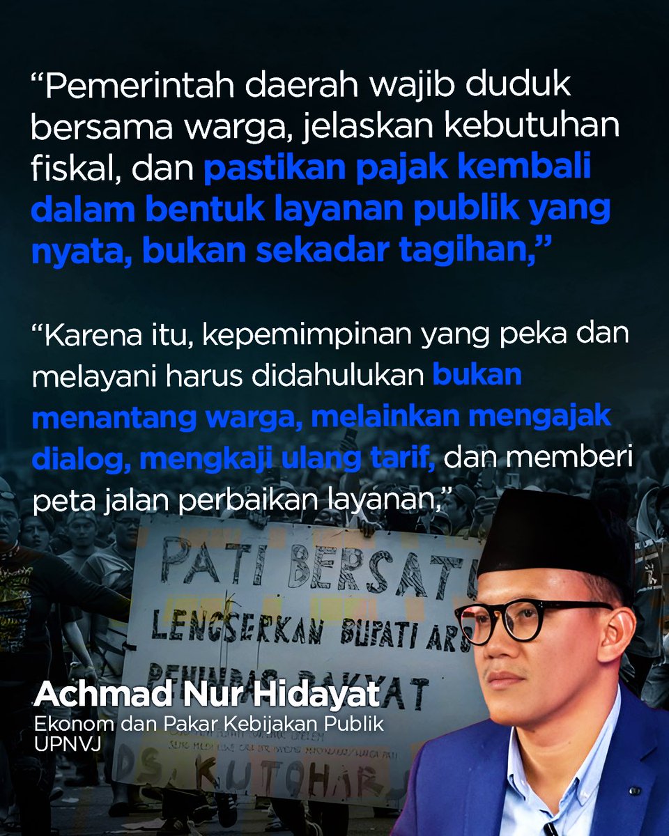 kanalsa_id's tweet photo. Kenaikan PBB hingga 250% di Pati memicu kemarahan warga dan aksi protes besar. Ekonom Achmad Nur Hidayat menilai, ini bukan semata persoalan angka, tetapi bagaimana kebijakan dirumuskan dan disosialisasikan.

📰https://t.co/SFHUmZqznP 

#KanalSA #PBB250Persen https://t.co/nQRjiIPj97