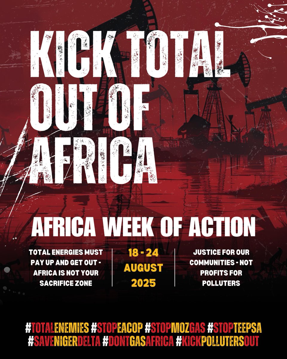 .<a href="/TotalEnergies/">TotalEnergies</a> is very proud of its 100 years of existence.

In Africa, that’s 100 years of pollution, land grabs, and broken lives. This August, Africa says: Pay up. Get out!
📅 18–24 Aug

#KickTotalOutOfAfrica #StopEACOP!