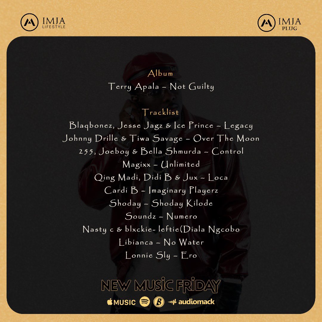 On this week’s new music releases
Art Cover: @terryapalaofficial 

@terryapalaofficial released his album “Not Guilty” 🔥
@blaqbonez, @jessejagz &amp; @iceprincezamani with “Legacy”
@johnnydrille &amp; @tiwasavage “Over the moon”
<a href="/255/">きんぐ</a>.tm ft. @joeboyofficial &amp; <a href="/bella_shmurda/">Bella Shmurda</a> with “Control