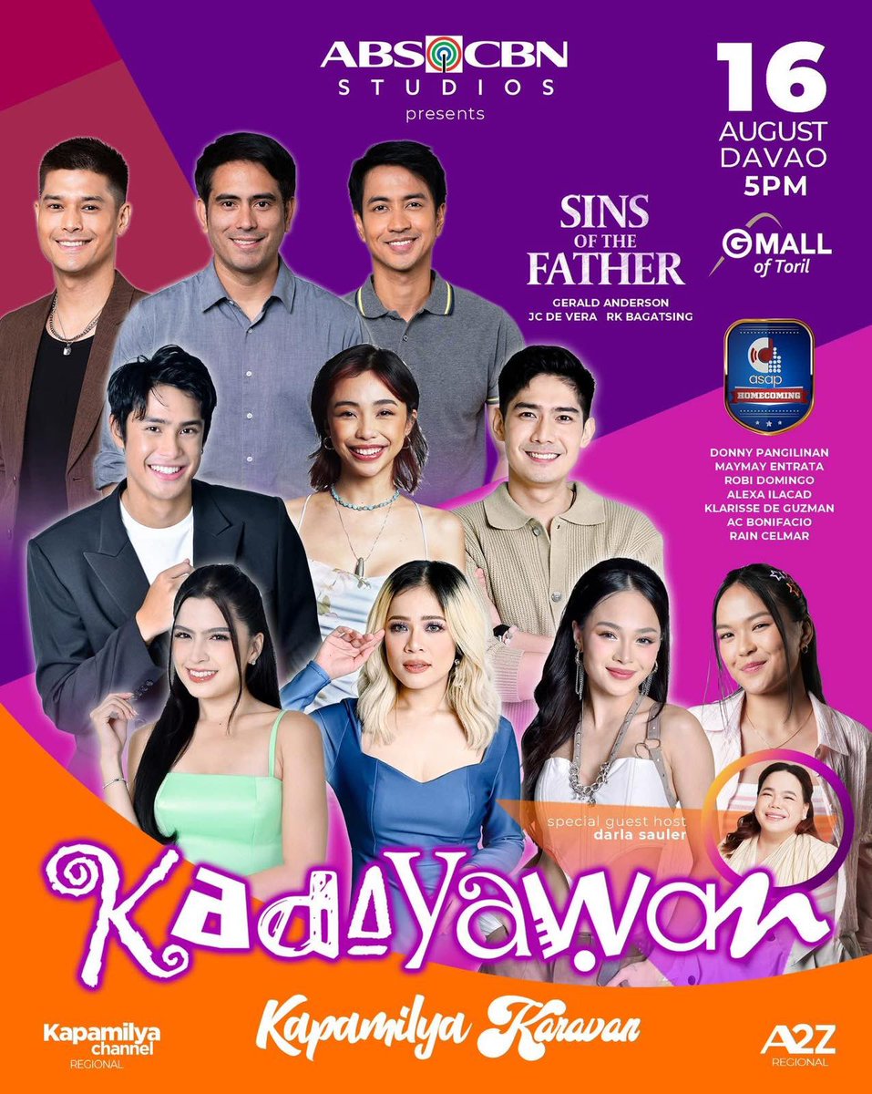 StarMusicPH's tweet photo. Dabawenyo, andam na ba mo?

Duyog na sa Kadayawan Kapamilya Karavan karong August 16 sa GMall Toril ! Andam na nga mukanta, musayaw ug makig-hugyaw kauban ang paboritong Kapamilya Stars:
Rain Celmar
AC Bonifacio
Maymay Entrata
Robi Domingo
Alexa Ilacad
Klarisse de Guzman
Donny Pangilinan

Kauban sab ang Sins of the Father Cast:
JC de Vera
RK Bagatsing
Gerald Anderson

With special guest host Darla Sauler

Ayaw paulahi, apil na sa kalingawan sa Kadayawan Kapamilya Karavan!!!

#KapamilyaKaravan2025