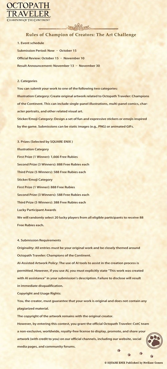 octopath_cotc's tweet image. Announcing the Champion of Creators: The Art Challenge! 🎨

How to Enter: Choose your category and post your original artwork with the hashtag #OCTOPATHCotC_ArtChallenge or post it under this post.

📌Include a title and name for your work. Game uid and server are required.