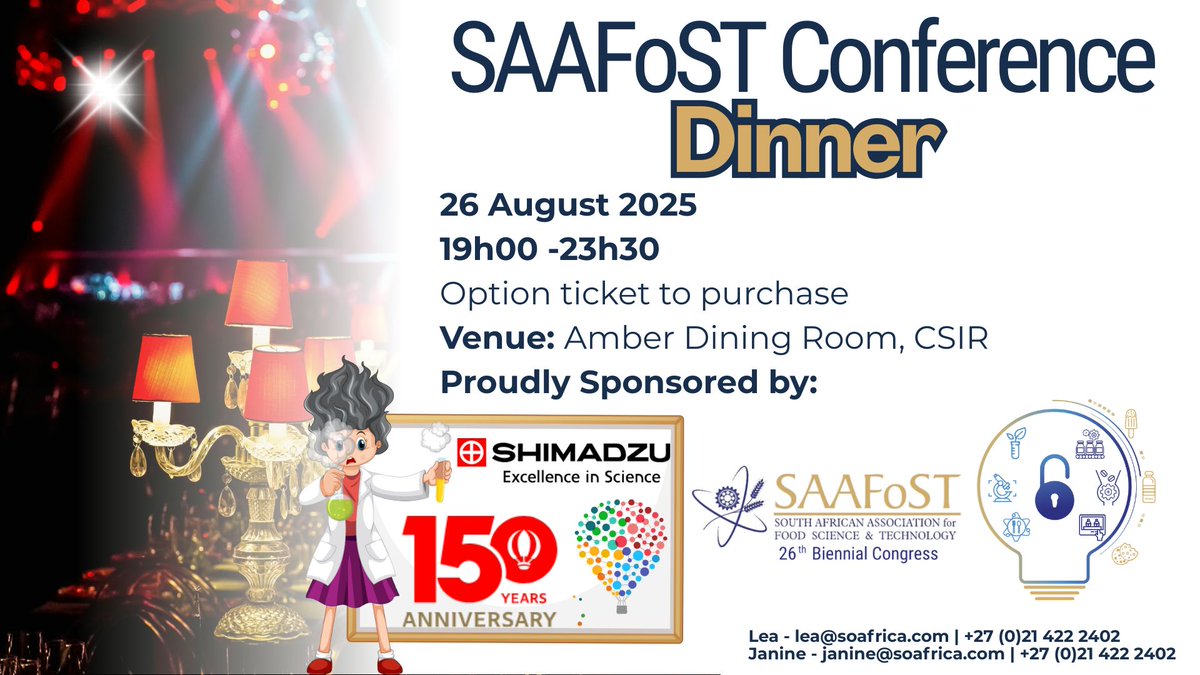 🧪 SAAFoST 2025 Dinner: Mad Scientists Edition! 🍽 

📅 26 Aug | 
📍 CSIR, Amber Dining Room 
🎭 Dress wild, think weird 
🎟 Limited seats – book via Lea: lea@soafrica.com 

💡 Don’t miss this delicious experience! 

#SAAFoST2025 #MadScientists #FoodScienceFun