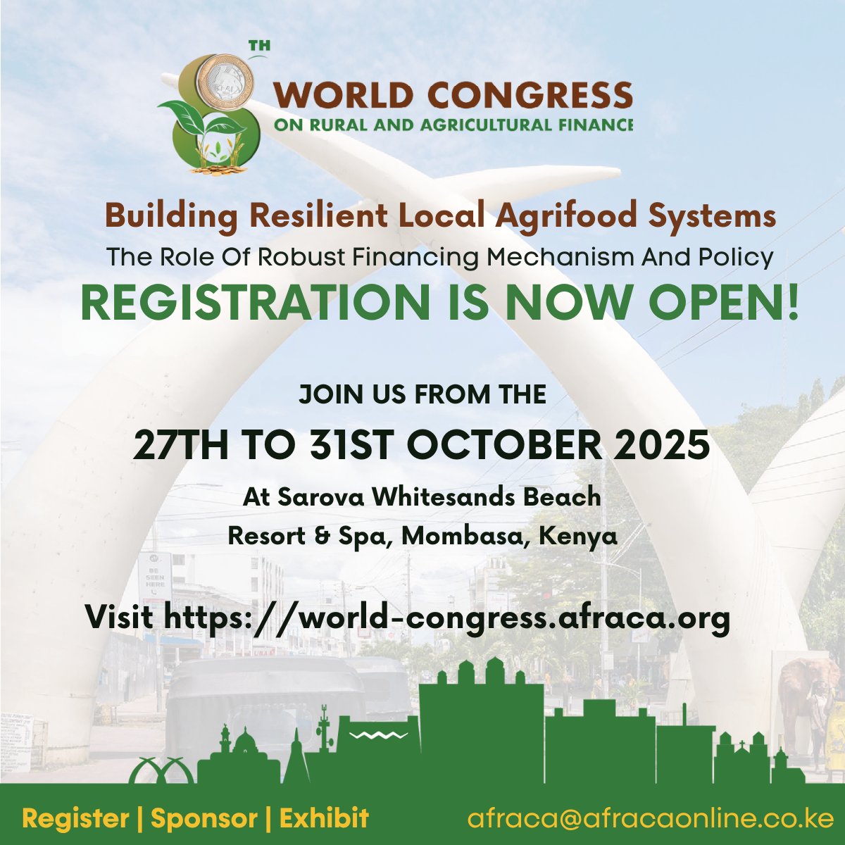 We are delighted to announce that registrations are open for the 8th World Congress on Rural and Agricultural Finance scheduled to take place at Sarova Whitesands Beach Resort and Spa in Mombasa Kenya, from the 27 - 31 October 2025. Visit the event website world-congress.afraca.org