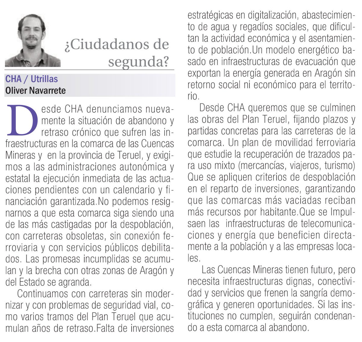 Chunta Aragonesista (@chunta) on Twitter photo 📰 <a href="/_lacomarca/">La COMARCA</a>
✍️ Artículo de <a href="/oliver_83/">Oliver Navarrete Cabestré</a>
🏘️ ¿Ciudadanos de segunda?
"No podemos resignarnos a que esta comarca siga siendo una de las más castigadas por la despoblación, con carreteras obsoletas, sin conexión ferroviaria y con servicios públicos debilitados" 📰 <a href="/_lacomarca/">La COMARCA</a>
✍️ Artículo de <a href="/oliver_83/">Oliver Navarrete Cabestré</a>
🏘️ ¿Ciudadanos de segunda?
"No podemos resignarnos a que esta comarca siga siendo una de las más castigadas por la despoblación, con carreteras obsoletas, sin conexión ferroviaria y con servicios públicos debilitados"
