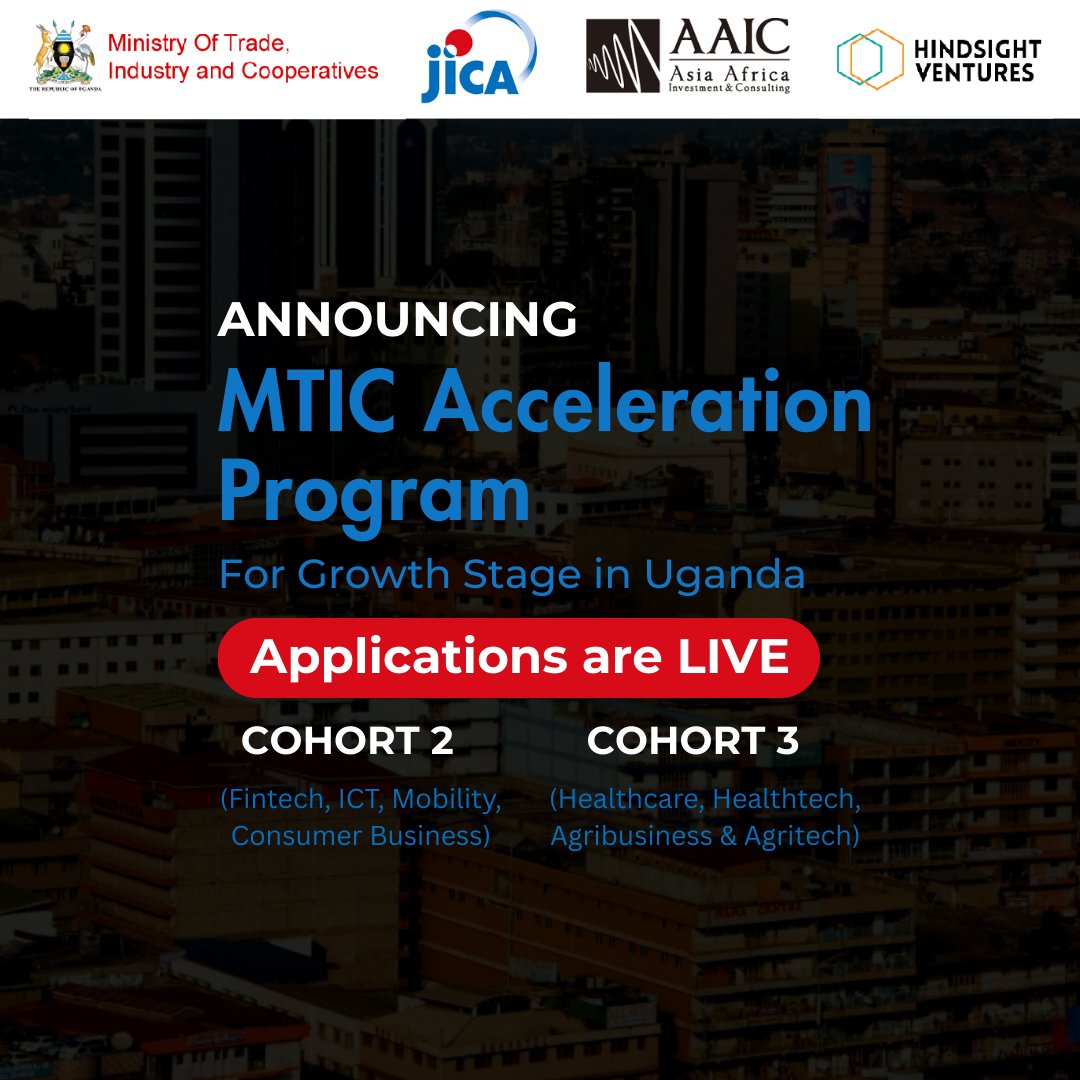 Hindsight Ventures (@hsv_africa) on Twitter photo We are proud to announce that the <a href="/mtic_uganda/">Ministry of Trade Ug</a> Program for Growth Stage in Uganda, funded by <a href="/JicaUganda/">JICA Uganda</a> , in partnership <a href="/AaicInvestment/">AAIC (Africa Healthcare Master Fund)</a>, and implemented by Hindsight Ventures is back with 2 new cohorts. The applications are now LIVE!
Learn more : hindsightventures.co/flagship-progr… We are proud to announce that the <a href="/mtic_uganda/">Ministry of Trade Ug</a> Program for Growth Stage in Uganda, funded by <a href="/JicaUganda/">JICA Uganda</a> , in partnership <a href="/AaicInvestment/">AAIC (Africa Healthcare Master Fund)</a>, and implemented by Hindsight Ventures is back with 2 new cohorts. The applications are now LIVE!
Learn more : hindsightventures.co/flagship-progr…