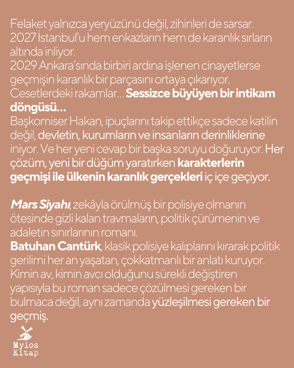 Batuhan Cantürk ilk polisiye romanı Mars Siyahı ile Mylos Kitap'ta! Klasik polisiye kalıplarını kıran ve politik gerilimi her an yaşatan Mars Siyahı, raflarda ve dukkan.mylosyayingrubu.com 'da!