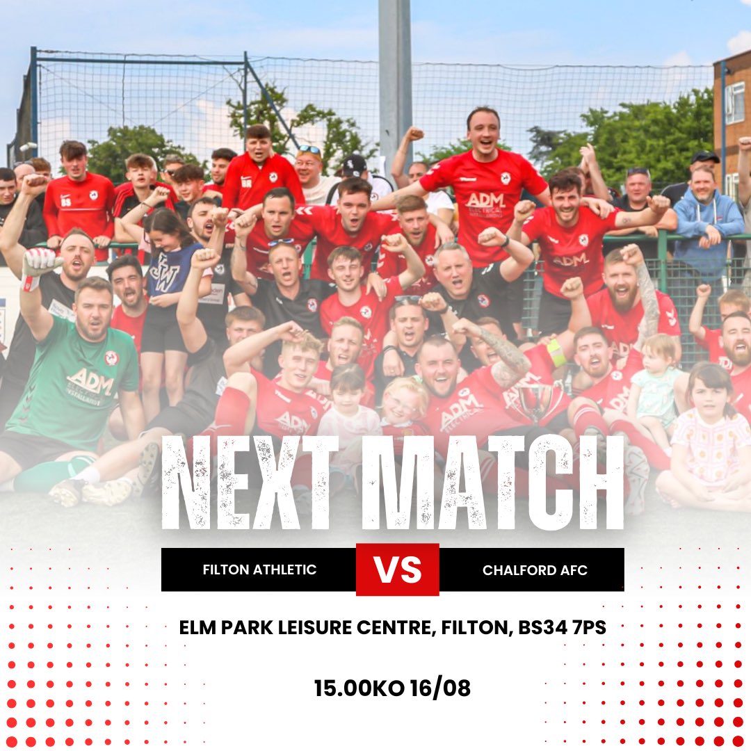⚽️: <a href="/FiltonAthletic/">Filton Athletic FC</a>  vs. <a href="/Chalford_AFC/">ChalfordAFC (C) 🏆</a> 
🏆: Marcliff <a href="/GlosCounty/">Glos County League</a>
⏱: 15/08 15.00 KO
📍: Elm Park Leisure Centre, Filton, BS34 7PS

#COYC #Chalford