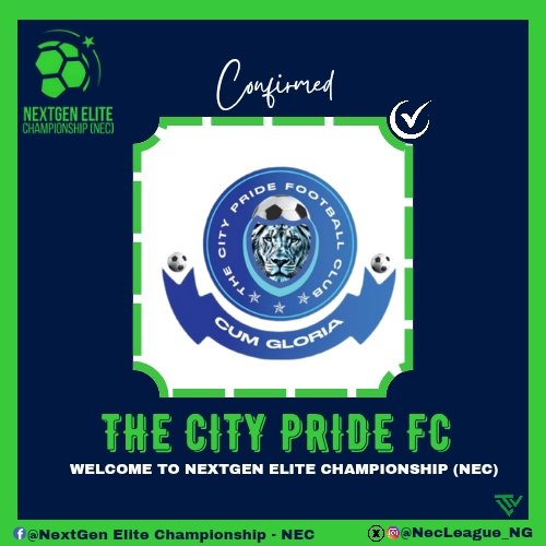 NECLeague_NG's tweet photo. 📢 TEAM ANNOUNCEMENT: TCPFC (CONFIRMED)✅

THE CITY PRIDE FOOTBALL CLUB of Ibadan, Oyo State have confirmed their participation in #NECLeague25  

⏳ 21 DAYS TO GO

#NEC #NECLeague25 https://t.co/jk1dcd8sM3
