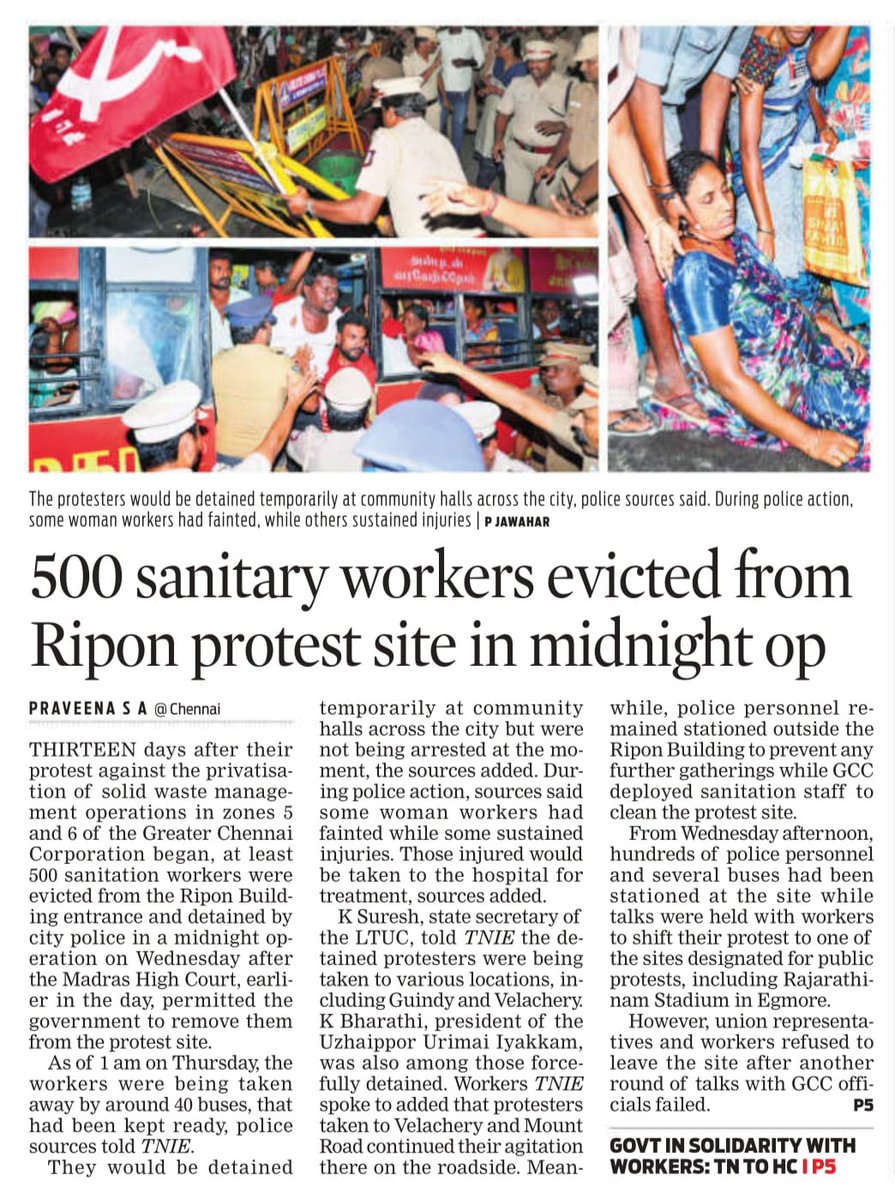 S A PRAVEENA (@sapraveena1) on Twitter photo Nearly 1000 <a href="/chennaicorp/">Greater Chennai Corporation</a> #sanitaryworkers protesting for 13 days outside Ripon Building were forcibly evicted by police at midnight Wednesday and were released on Thursday evening.
But why were they protesting, and what does corporation say? Follow thread for details: <a href="/xpresstn/">TNIE Tamil Nadu</a> Nearly 1000 <a href="/chennaicorp/">Greater Chennai Corporation</a> #sanitaryworkers protesting for 13 days outside Ripon Building were forcibly evicted by police at midnight Wednesday and were released on Thursday evening.
But why were they protesting, and what does corporation say? Follow thread for details: <a href="/xpresstn/">TNIE Tamil Nadu</a>
