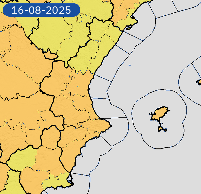 AEMET_CValencia's tweet photo. 📢Avisos por temperaturas máximas hoy y mañana.
Nivel máximo, NARANJA.
Mañana el aviso NARANJA se extiende por toda la provincia de València y Alicante, amarillo en Castelló.
Avisos en constante actualización.
https://t.co/R3Fs2JzKgr https://t.co/5Mgxt6q3dA