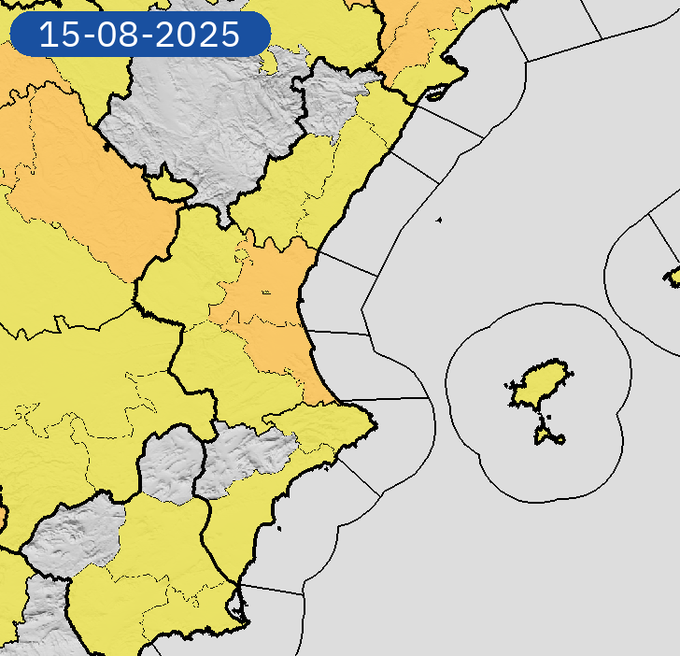 AEMET_CValencia's tweet photo. 📢Avisos por temperaturas máximas hoy y mañana.
Nivel máximo, NARANJA.
Mañana el aviso NARANJA se extiende por toda la provincia de València y Alicante, amarillo en Castelló.
Avisos en constante actualización.
https://t.co/R3Fs2JzKgr https://t.co/5Mgxt6q3dA