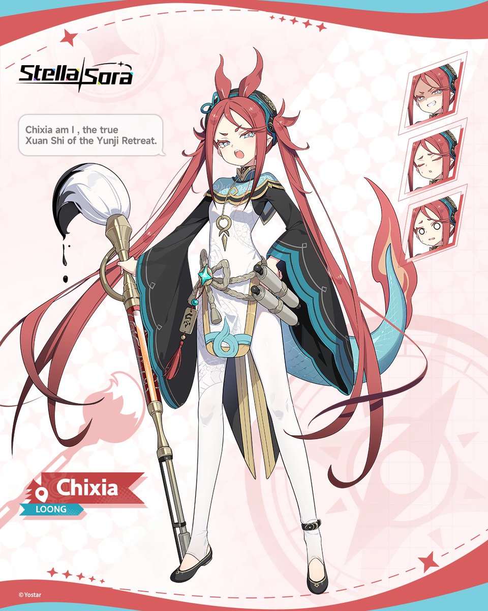 StellaSoraEN's tweet photo. ✧Loong | Chixia

A Loong Xuan Shi and member of the Yunji Studio, she handles one of the guild's key duties—crafting talismans.

After being told it’s ridiculous for a Xuan Shi to fear ghosts, she now travels far and wide in search of a way to overcome her fear.

"Chixia am I, the true Xuan Shi of the Yunji Retreat."

#StellaSora #Yostar
