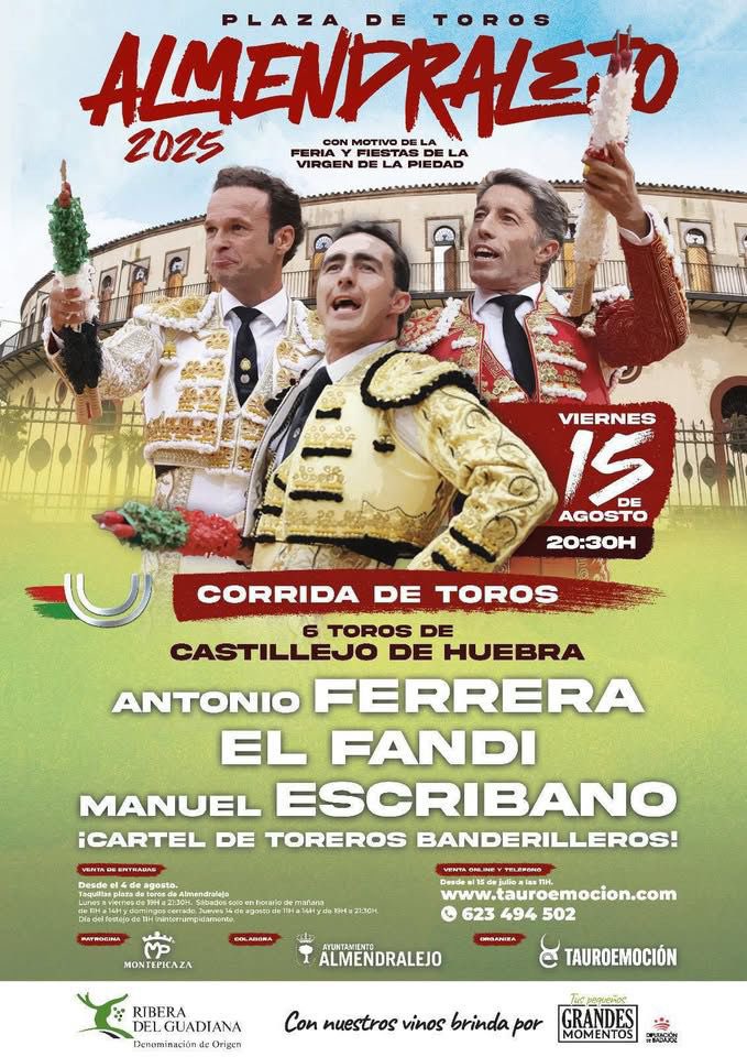 🙌🏻 ¡𝗟𝗟𝗘𝗚𝗢́ 𝗘𝗟 𝗗𝗜́𝗔!

💥 Nos vemos esta tarde para vivir la emoción del toreo con el cartelazo de toreros banderilleros

🎟️👉🏼 𝗔𝗨́𝗡 𝗣𝗨𝗘𝗗𝗘𝗦 𝗖𝗢𝗡𝗦𝗘𝗚𝗨𝗜𝗥 𝗧𝗨 𝗘𝗡𝗧𝗥𝗔𝗗𝗔 en las taquillas de la plaza o en la web tauroemocion.com