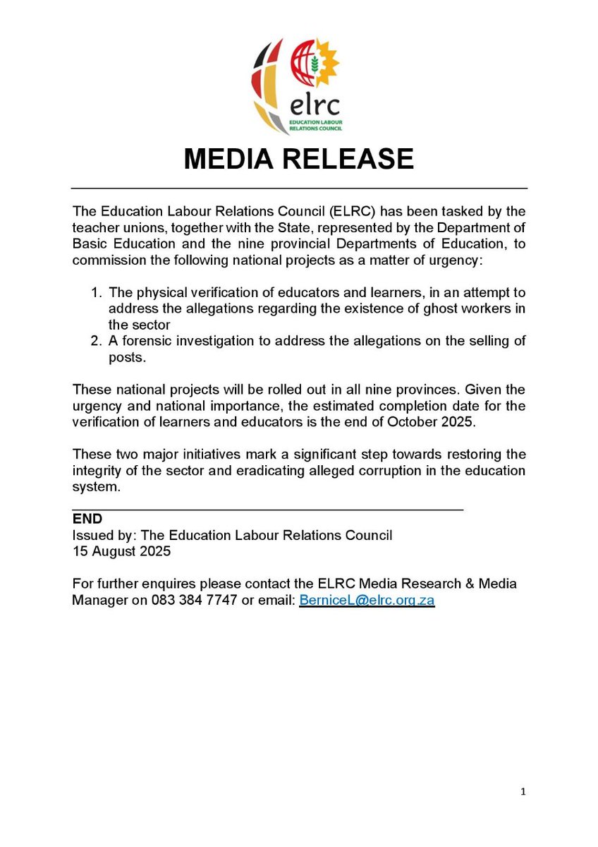 ELRC Media Release on investigation into the existence of ghost workers in the education sector and the alleged selling of posts.