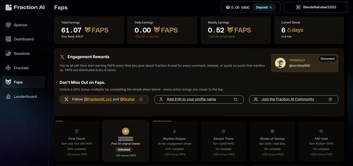 Aethers03's tweet photo. 🔥 Just unlocked the Rapid Fire task on FAP
💥 +50 FAPs in the bag!
The grind is real, the leaderboard is calling 📈
@FractionAI_xyz #BuiltToGrind #FAPLife https://t.co/8fNXl72zR8