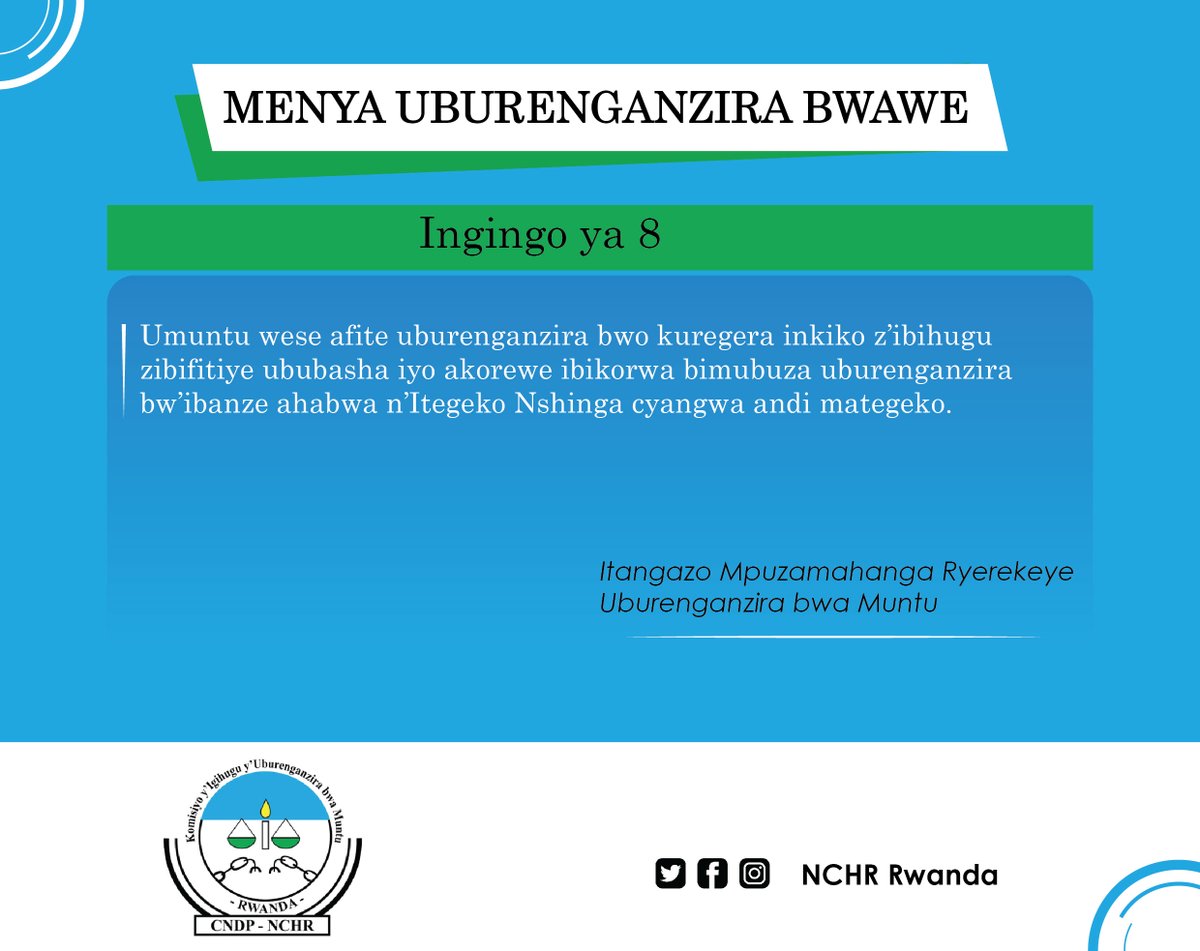 NCHR RWANDA (@humanrightsrw) on Twitter photo 📢Menya uburenganzira bwawe, ubusigasire, urengere n'ubw'abandi.
Gana ubutabera urengurwe mu gihe uburenganzira bwawe butubahirijwe!
<a href="/RwandaGov/">Government of Rwanda</a>
<a href="/HumanRightsRW/">NCHR RWANDA</a>
#MenyaUburenganziraBwawe #KnowYourRights #UDHR75 #HumanRights #StandUp4HumanRights 📢Menya uburenganzira bwawe, ubusigasire, urengere n'ubw'abandi.
Gana ubutabera urengurwe mu gihe uburenganzira bwawe butubahirijwe!
<a href="/RwandaGov/">Government of Rwanda</a>
<a href="/HumanRightsRW/">NCHR RWANDA</a>
#MenyaUburenganziraBwawe #KnowYourRights #UDHR75 #HumanRights #StandUp4HumanRights