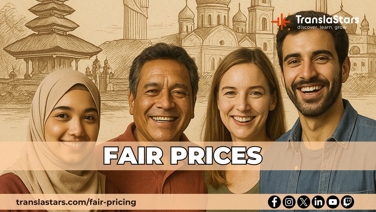 🌍 𝗦𝗮𝗺𝗲 𝗸𝗻𝗼𝘄𝗹𝗲𝗱𝗴𝗲. #FairerPrice.

🎓 We offer up to 𝟵𝟬% 𝗢𝗙𝗙 on all #courses based on your country.

No forms. Just a discount code.

👉 Check our page for more info: translastars.com/fair-pricing

#FairPricing #Translation #Localization #GlobalAccess #TranslaStars