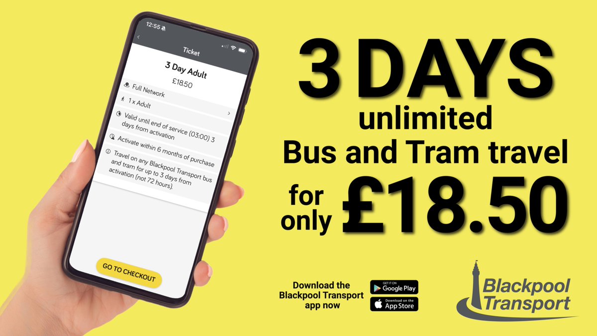 If you're staying for the weekend, get 3 days of unlimited travel on the Blackpool Transport app!📱 
Valid on all our buses and trams!🚌➕🚊
For only £18.50!🤑
ow.ly/SJkA50VhrZZ