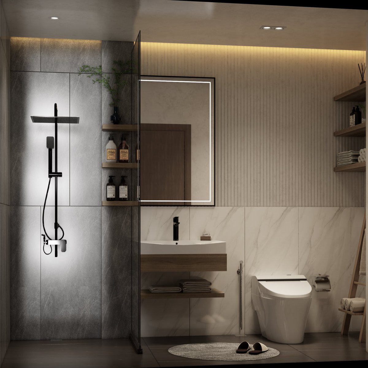 Rendered photos of exterior and architectural interiors of Espina Residencia.