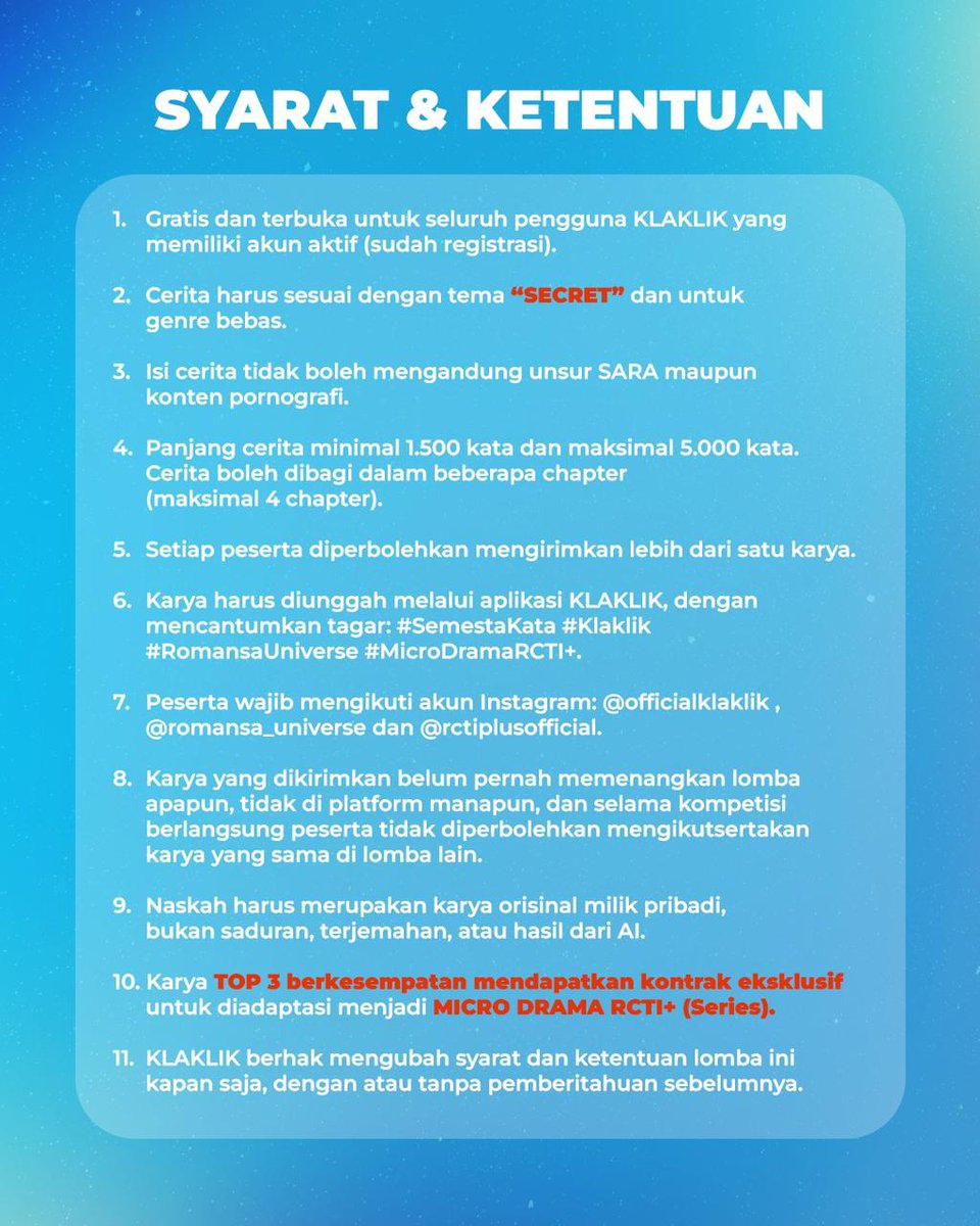 🚨 KABAR BAIK BUAT PARA KREATOR! 🚨
Waktu tambahan = peluang emas buat kamu yang kemarin belum sempat submit! 

📌Yuk, gaskeun submit karya kamu!
Klik di sini: Semestakata.klaklik.com

#semestakata #cerpen #klaklik #shareyourstory