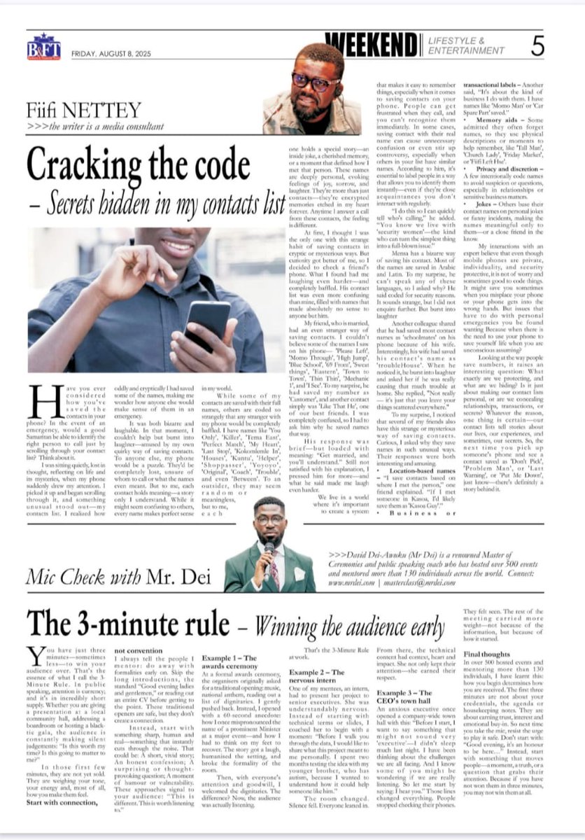 themrdeiclass's tweet image. You have 3 minutes to win your audience or lose them.

Skip the safe intros
Start with connection
Earn trust fast

New in Mic Check with Mr Dei: The 3-Minute Rule 🔗 thebftonline.com/2025/08/09/mic…

#PublicSpeaking #3MinuteRule