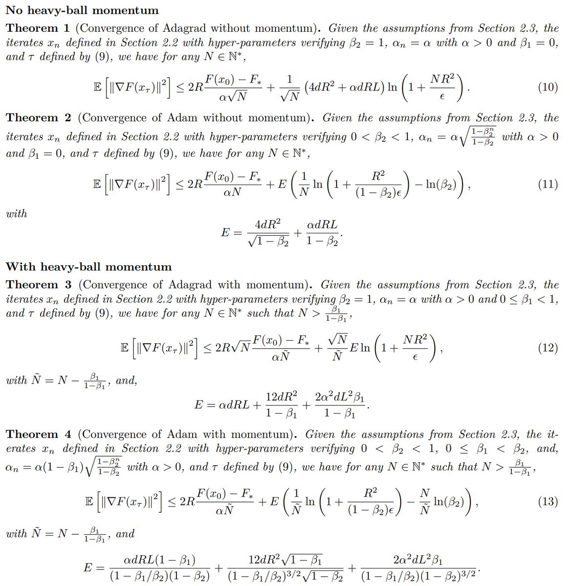 #111論文等共有 1552 openreview.net/forum?id=ZPQhz…
[TMLR'22] AdamとAdagradのシンプルな収束証明を与えた論文。Smoothness と bounded gradient を仮定。Non-convexでもOK。勾配のsqured normが期待値の意味でO(d log(T)/ √T)で落ちる。