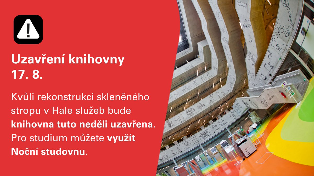 Musíme to opravit… knihy a vás máme radši pod střechou než pod širákem 📚☔😅 Děkujeme za pochopení 😉

Due to renovation of the glass ceiling, the library will be closed this Sunday.  You can use the After Hours Reading Room. Thank you for your understanding.