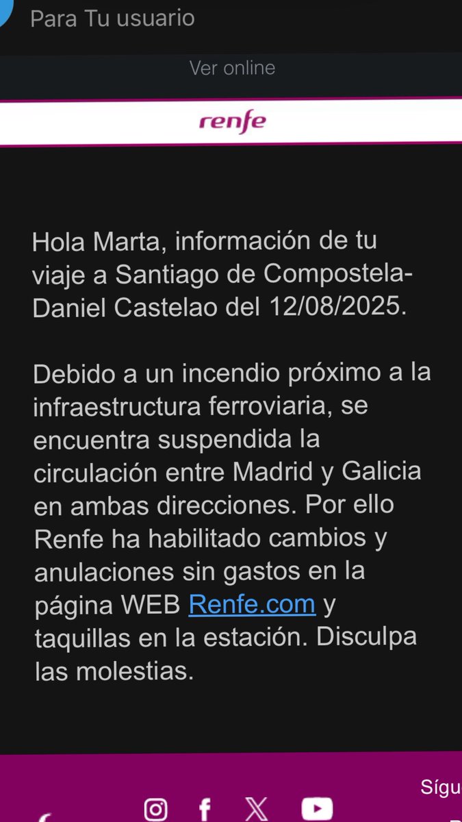 martgmha's tweet photo. @Renfe me cancelaron viaje Madrid Santiago el día 12 de agosto, recibí email que me devolvían el dinero. Hoy entro para solicitarlo e indica que no me corresponde. Cómo es esto? https://t.co/U33jGEys1a