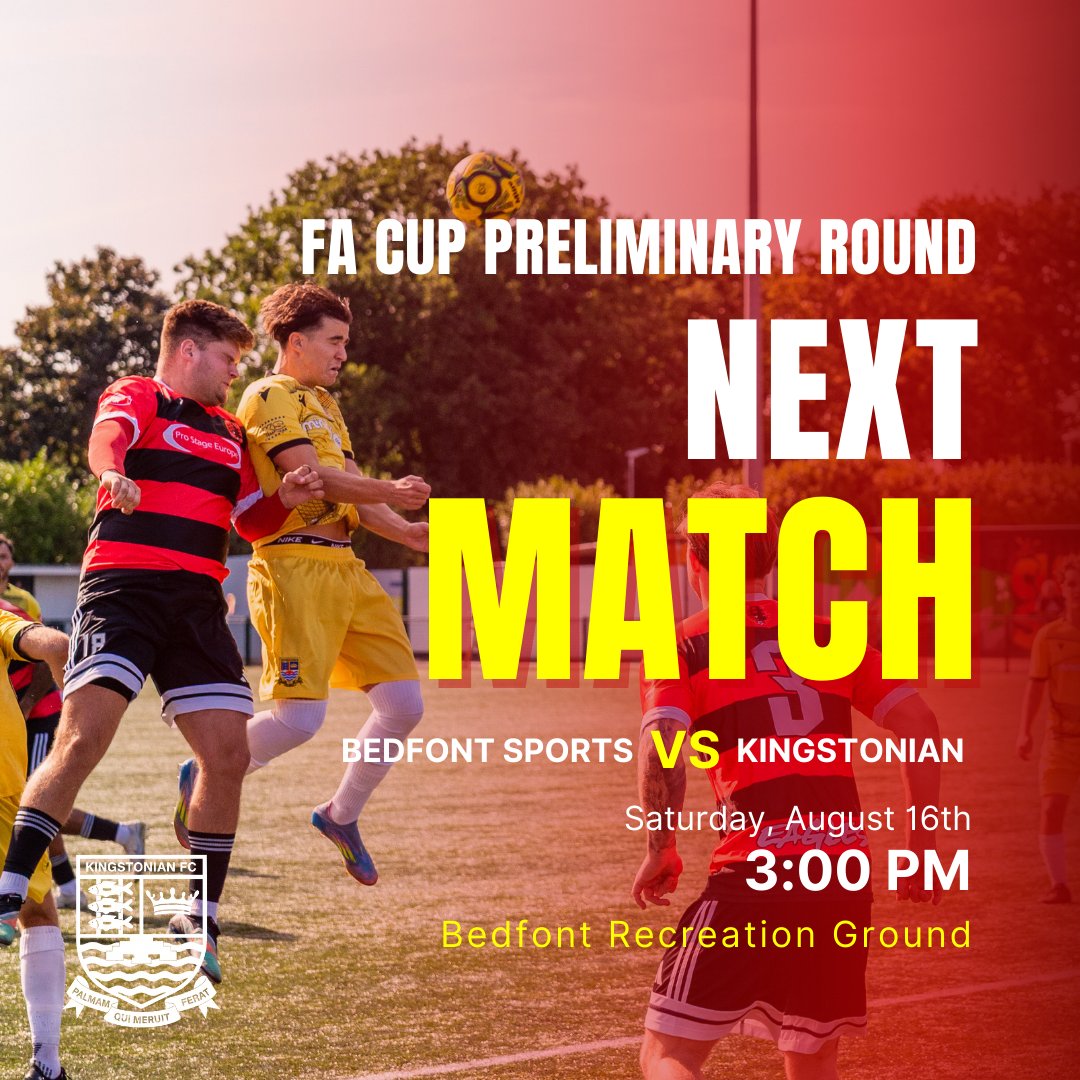 FA CUP ACTION 🏆⚽
This Saturday, the journey begins…

🆚 Bedfont Sports
📅 Sat 16 Aug 2025
⏰ 3:00PM KO
📍 Bedfont Recreation Ground, Hatton Rd, Feltham TW14 9QS

Let’s bring the noise and make it a day to remember 🙌

#FACup #UpTheKs #NonLeagueFootball #Ks #IsthmianLeague