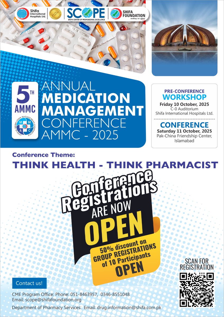 REGISTRATIONS OPEN

Join #AMMC2025 on 11 Oct at Pak-China Friendship Center, Islamabad

Theme: Think Health –Think Pharmacist 

Learn from experts
Network with leaders
50% off for groups of 10

Register Now: Scan the QR code or click on the link below
app.smartsheet.com/.../0197871fb5…...
