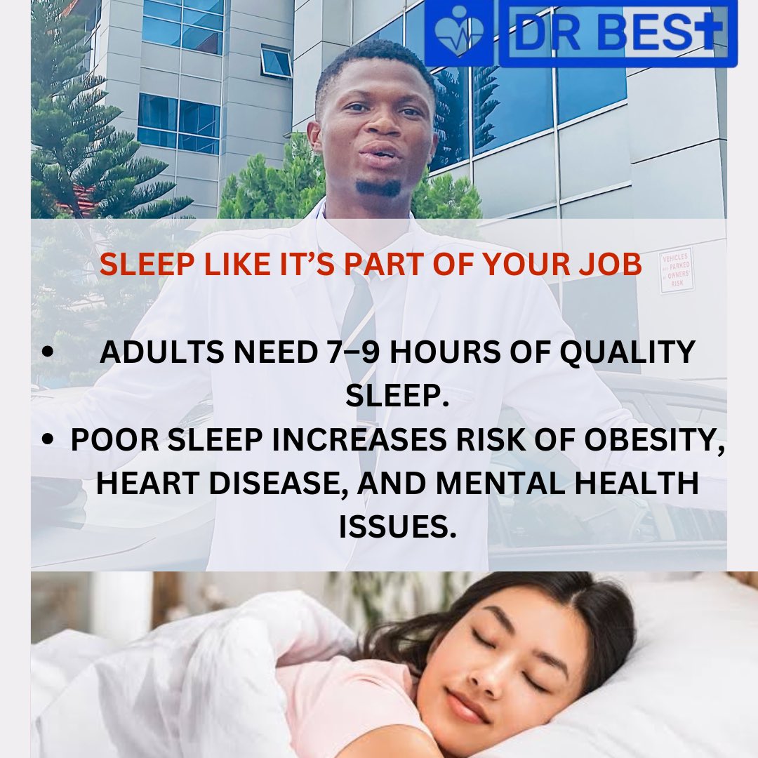 only1DrBest's tweet photo. SLEEP LIKE IT’S PART OF YOUR JOB

•Adults need 7–9 hours of quality        sleep.
•Poor sleep increases risk of obesity, heart disease, and mental health issues.

#sleep #qualityrest #obesity #heartdisease #MentalHealth #DrBest #pharmacist https://t.co/IN1LnxrEqX