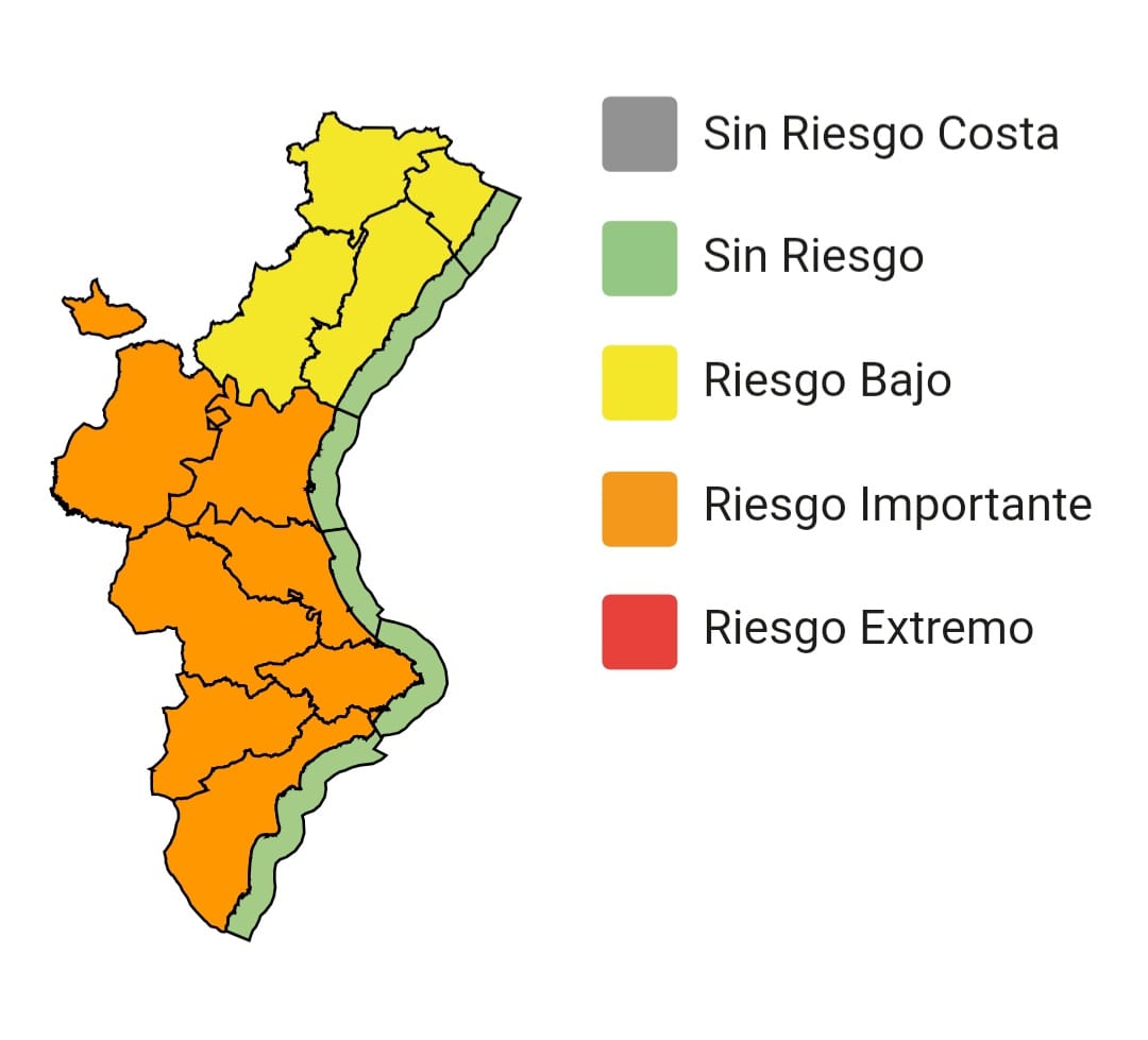 GVA112's tweet photo. (11:40 h) El Centro de Coordinación de Emergencias actualiza sus alertas meteorológicas por temperaturas máximas y establece :

🟠nivel naranja en las provincias de Valencia y Alicante.

🟡nivel amarillo en la provincia de Castellón. https://t.co/Q8CwVJMgh4